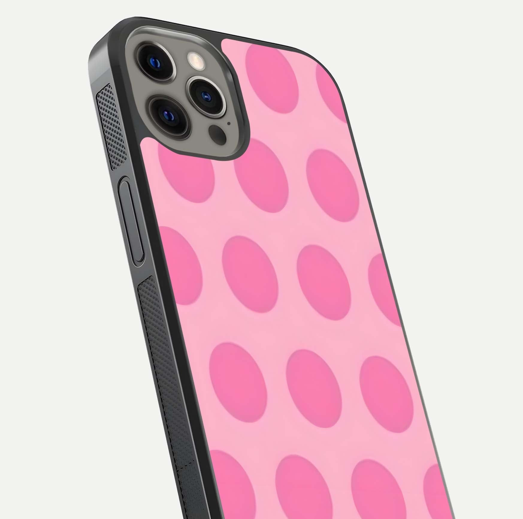 Sweet Dot Dreams iPhone 12 Pro Max glass phone case angled back view highlighting dotted artwork and side grip texture
