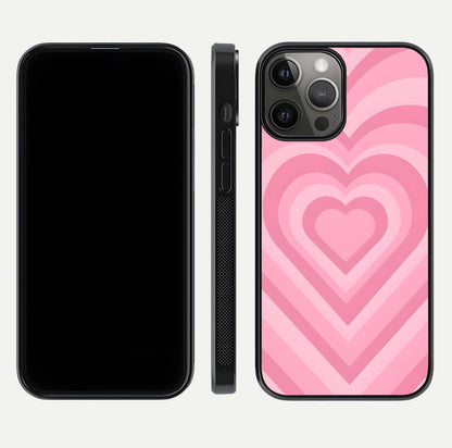 Blush Heart Waves iPhone 12 Pro Max glass phone case front and side layout view displaying slim frame and full heart pattern