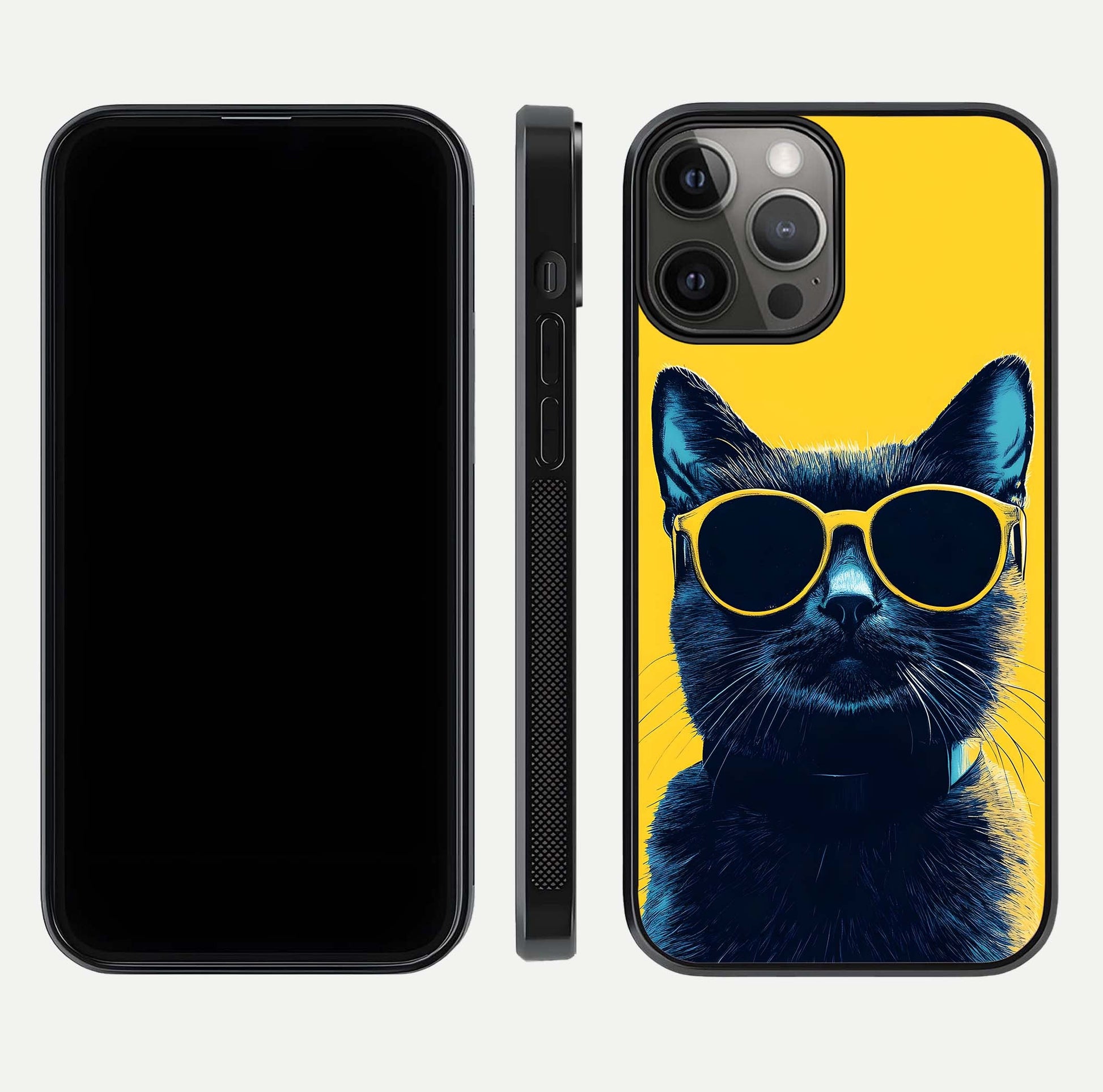 Cool Cat Vibes iPhone 12 Pro Max glass phone case front and side layout view showing slim frame and full design coverage