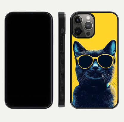 Cool Cat Vibes iPhone 12 Pro Max glass phone case front and side layout view showing slim frame and full design coverage