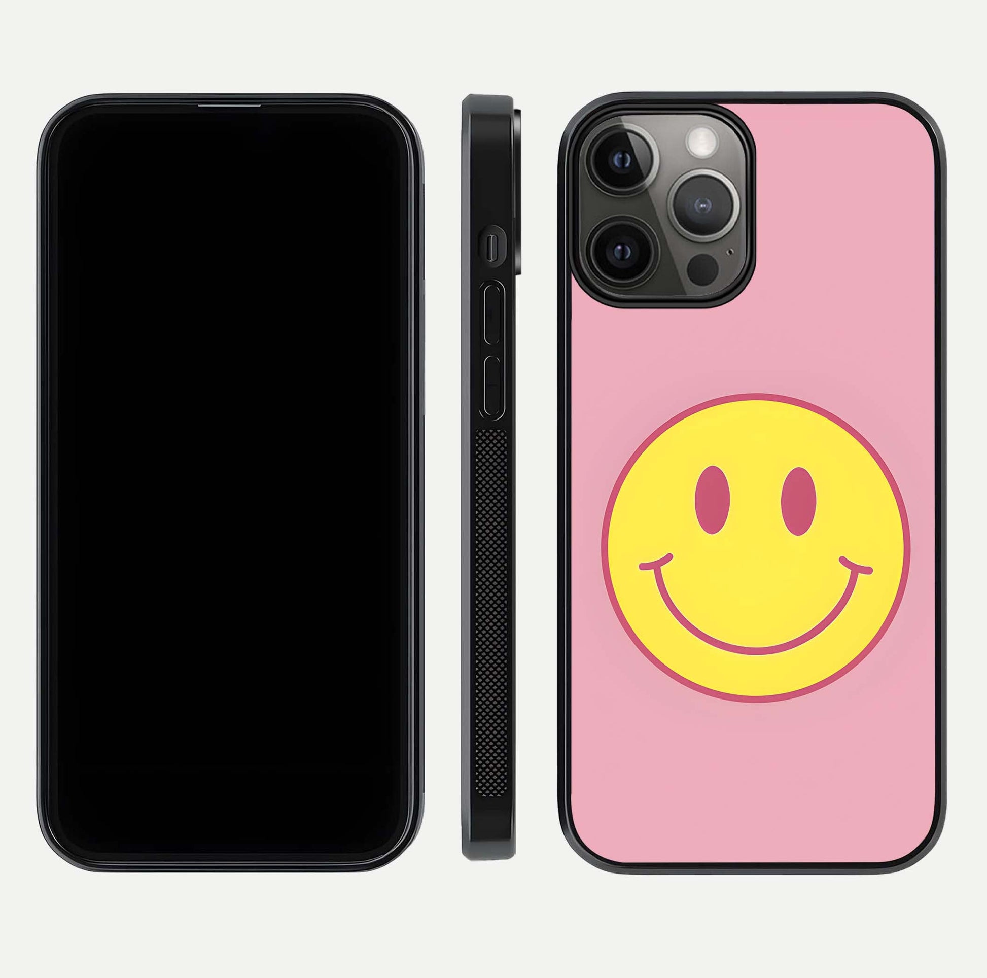 Happy Pink Mood iPhone 12 Pro Max glass phone case front and side layout view showing slim build and full pink coverage