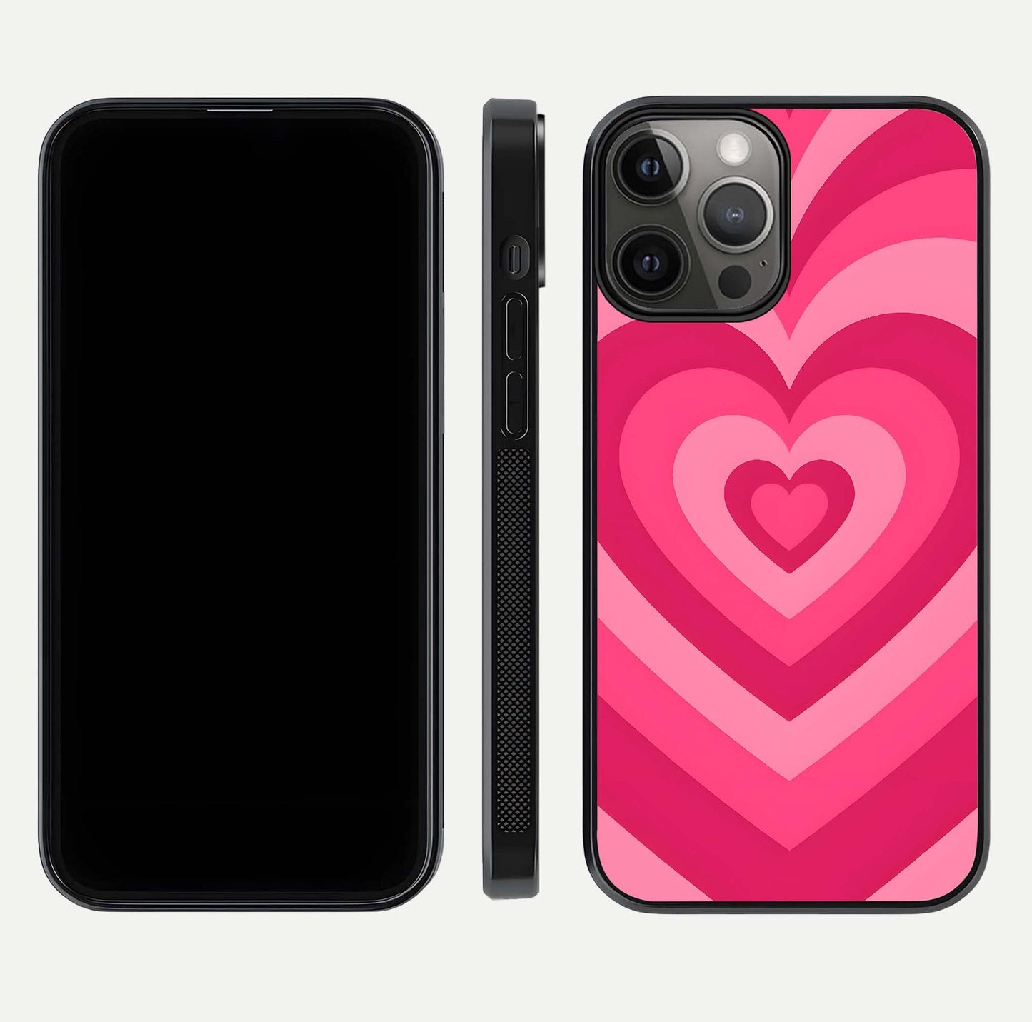 Layered Love Hearts iPhone 12 Pro Max glass phone case front and side layout view displaying slim profile and full heart design