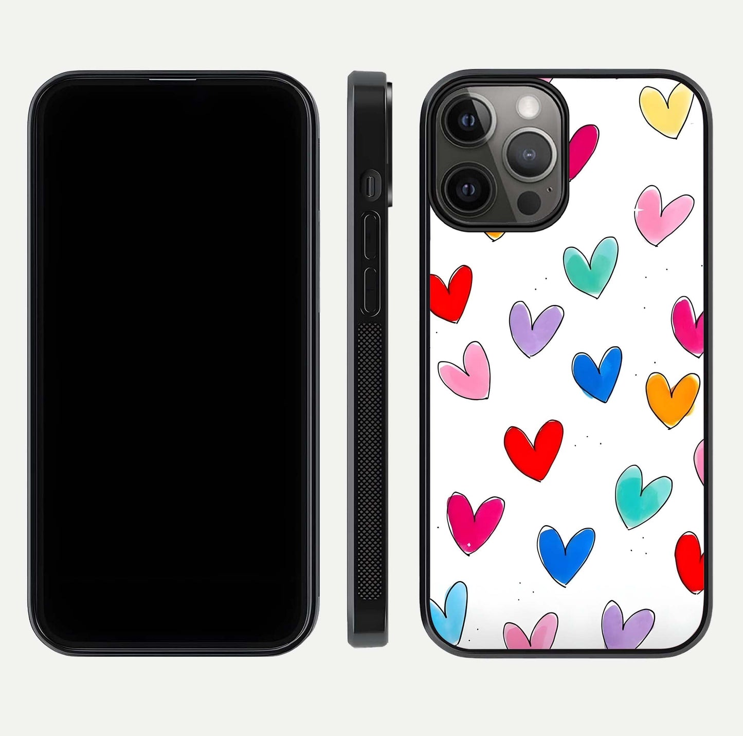 Playful Love Doodles iPhone 12 Pro Max glass phone case front and side layout view showing slim build and full doodle coverage