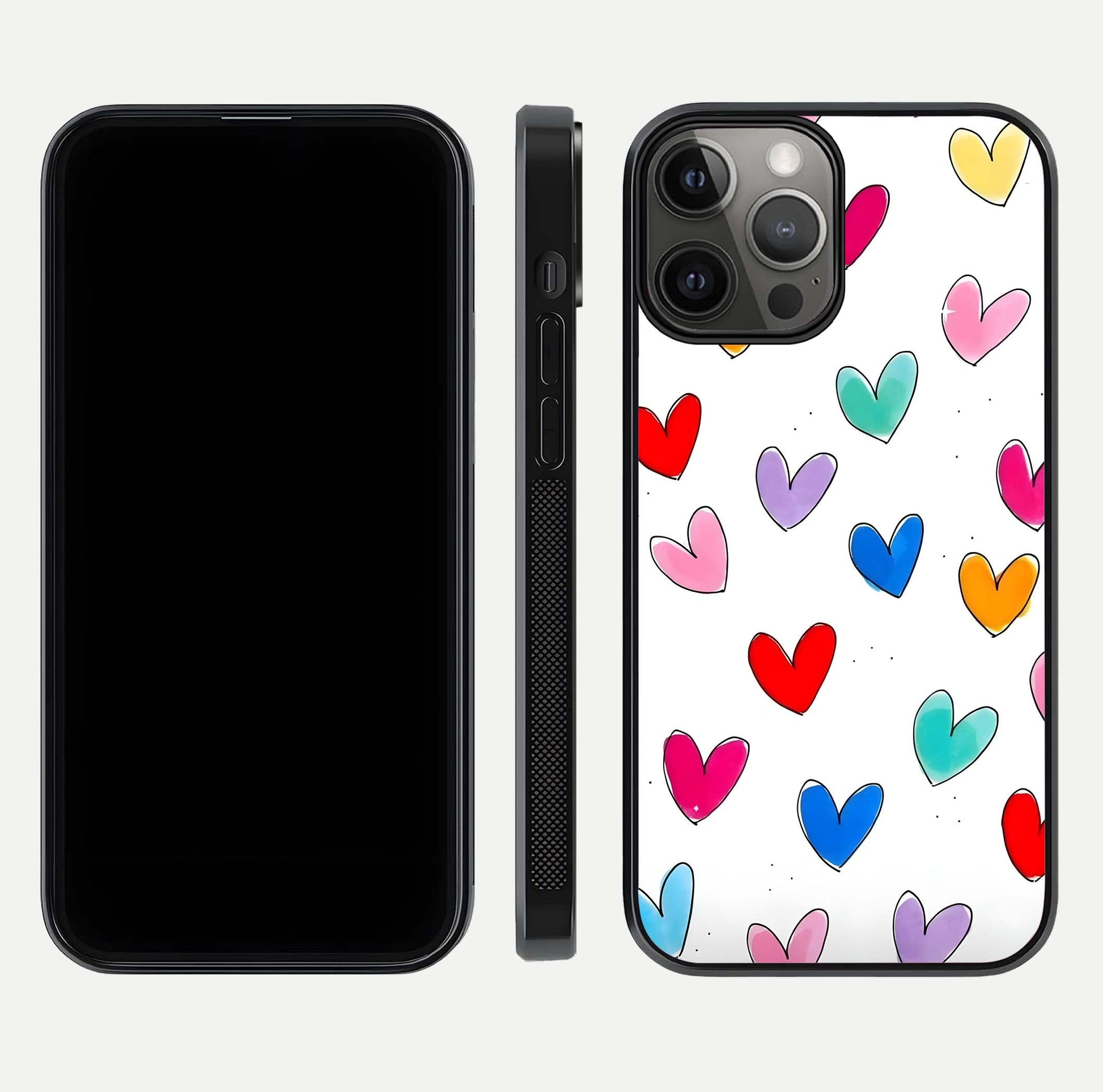 Playful Love Doodles iPhone 12 Pro Max glass phone case front and side layout view showing slim build and full doodle coverage