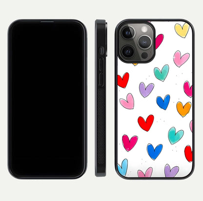 Playful Love Doodles iPhone 12 Pro Max glass phone case front and side layout view showing slim build and full doodle coverage