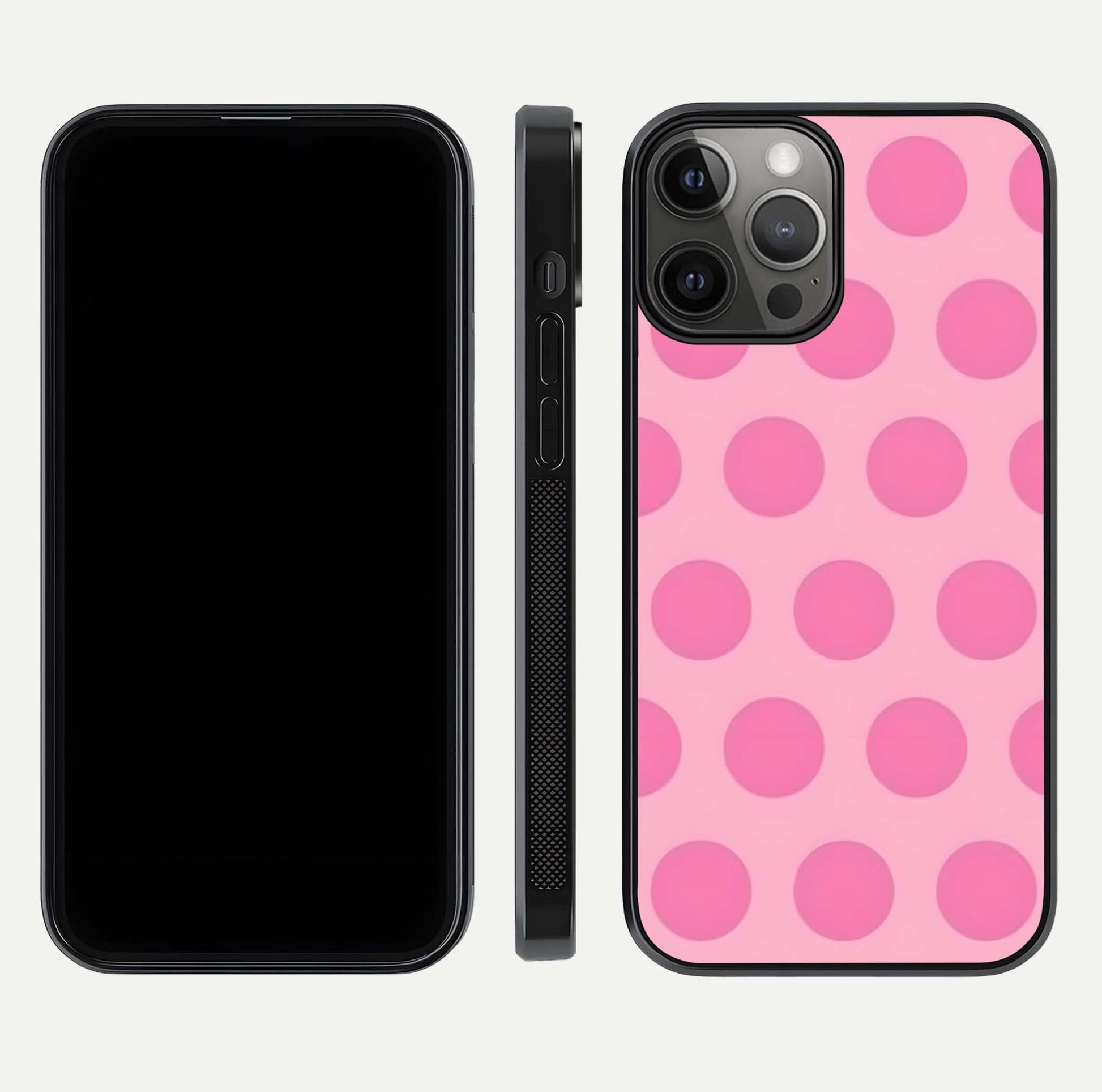 Sweet Dot Dreams iPhone 12 Pro Max glass phone case front and side layout view displaying slim build and full dot design
