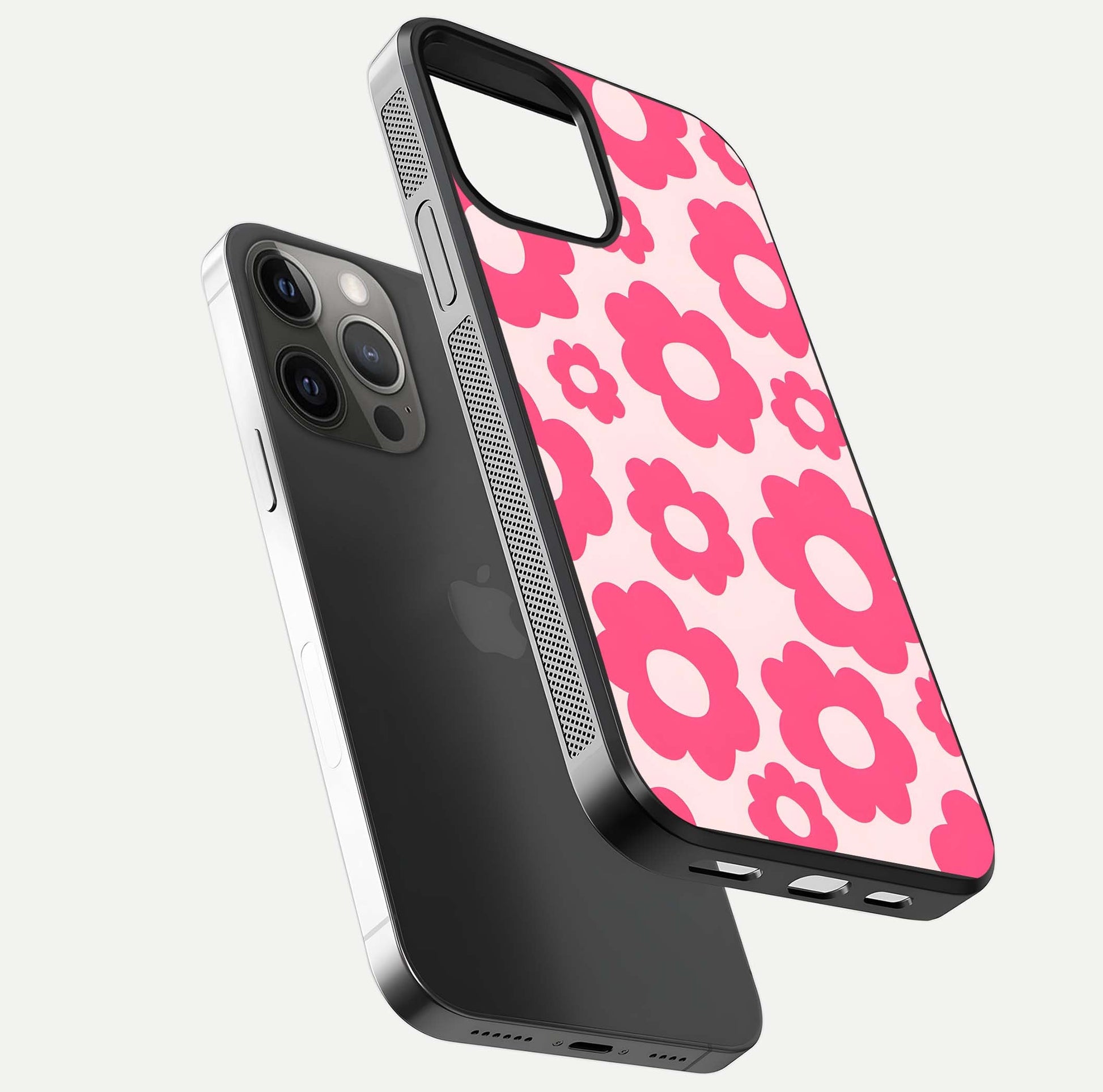 Blush Flower Pop iPhone 12 Pro Max glass phone case floating view emphasizing premium build and vibrant flower artwork
