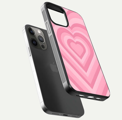 Blush Heart Waves iPhone 12 Pro Max glass phone case floating view emphasizing glossy finish and layered heart design