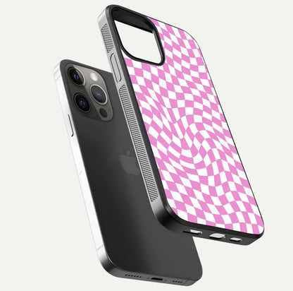 Bubblegum Check Wave iPhone 12 Pro Max glass phone case floating view emphasizing premium glass finish and vibrant design