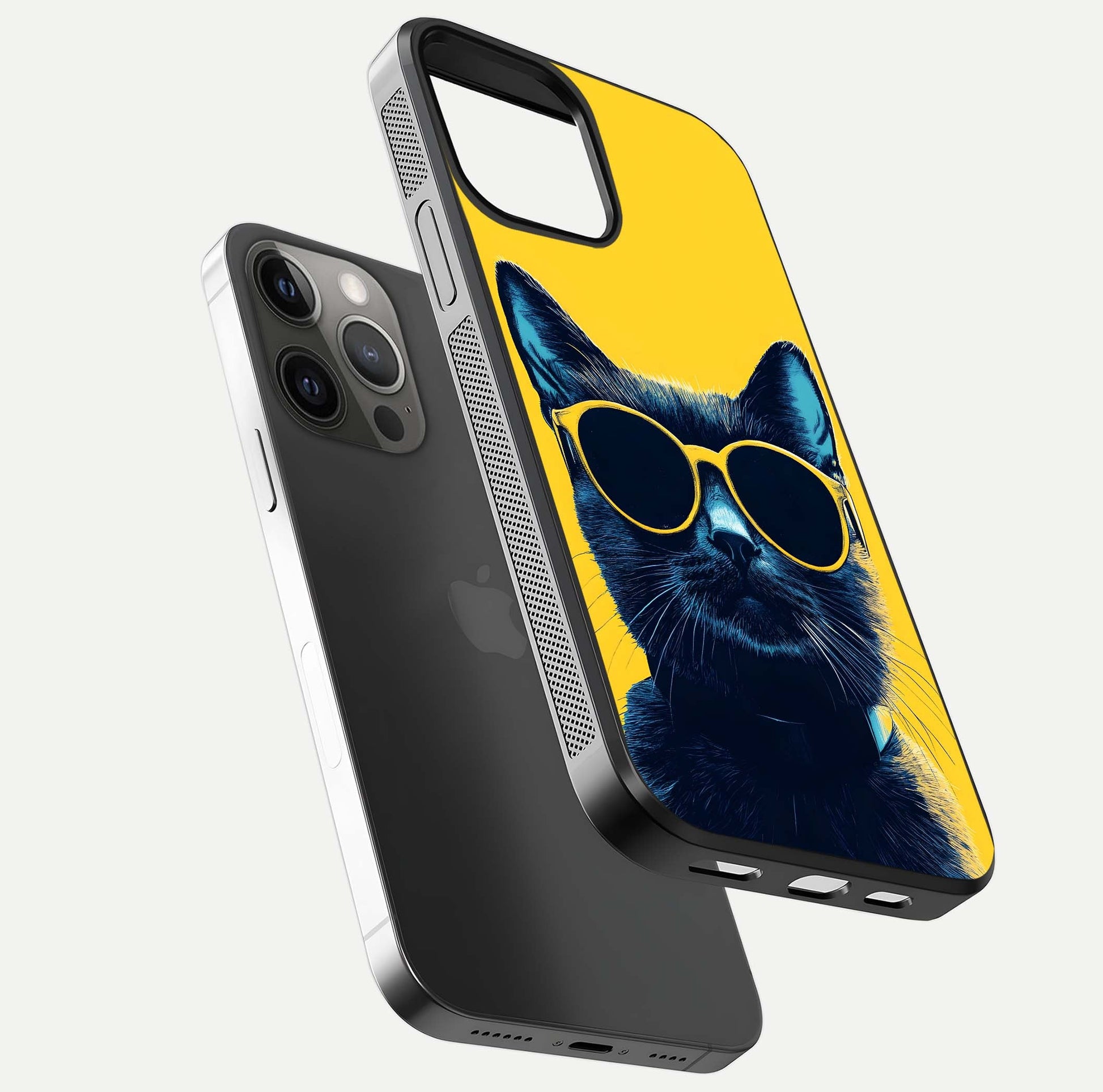 Cool Cat Vibes iPhone 12 Pro Max glass phone case floating view emphasizing glossy finish and fun cat vibe