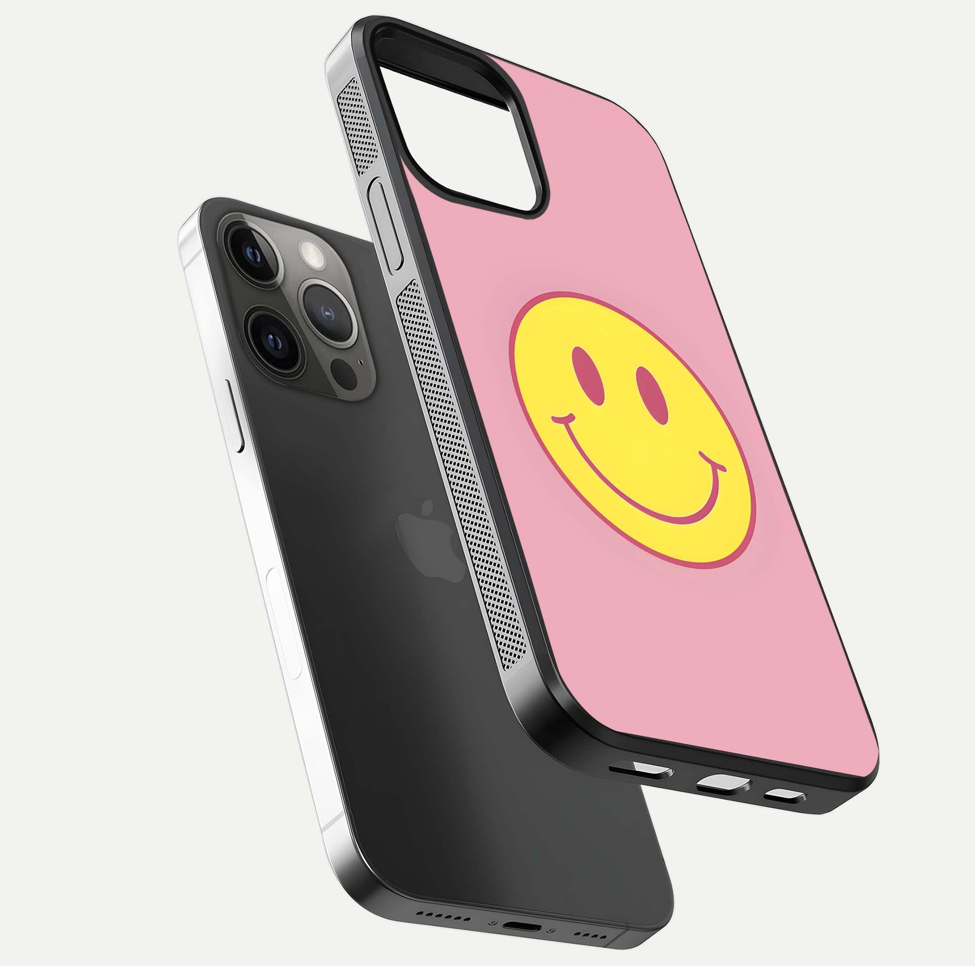 Happy Pink Mood iPhone 12 Pro Max glass phone case floating view emphasizing glossy finish and joyful color palette