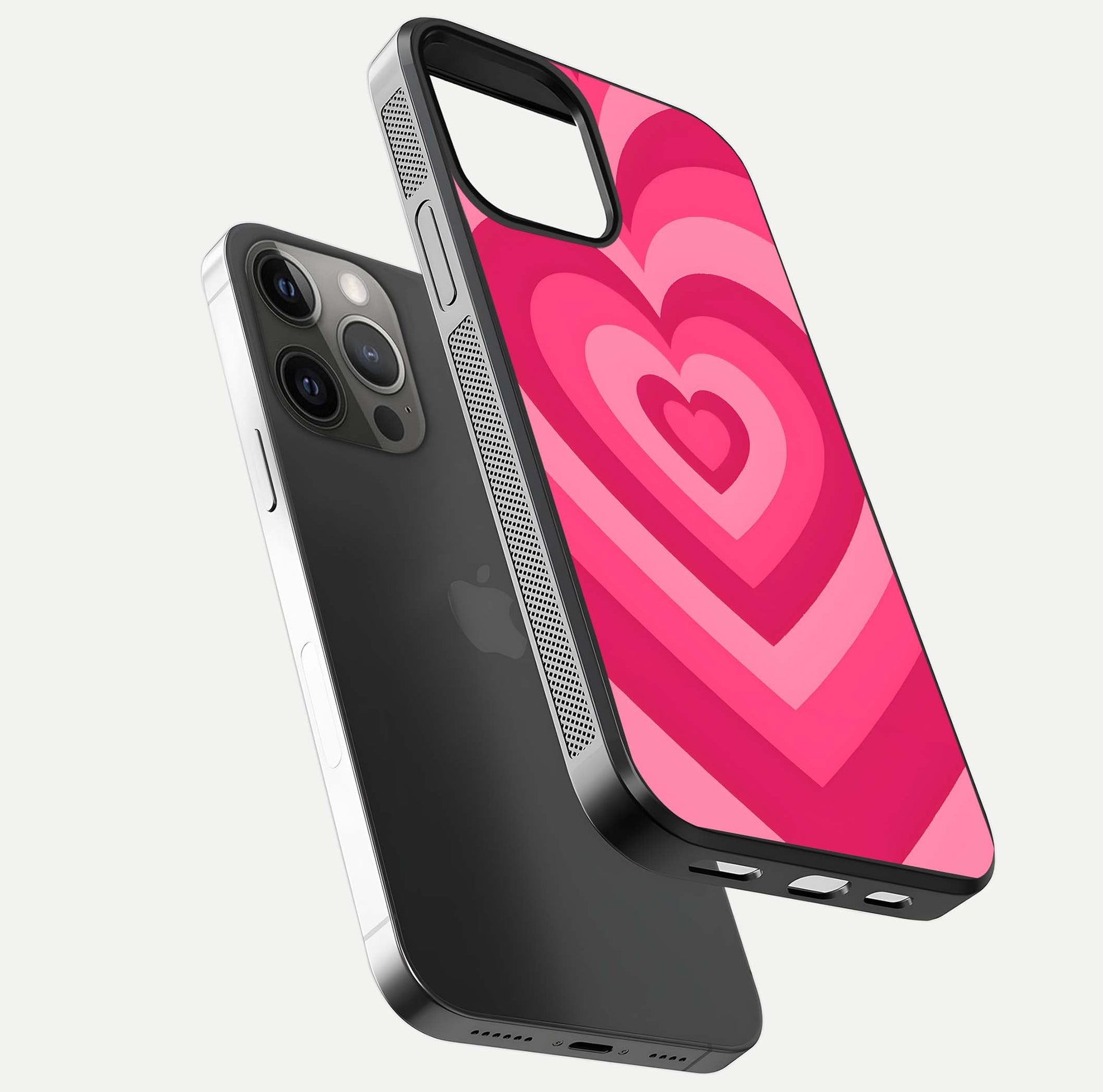 Layered Love Hearts iPhone 12 Pro Max glass phone case floating view emphasizing glossy surface and layered heart details