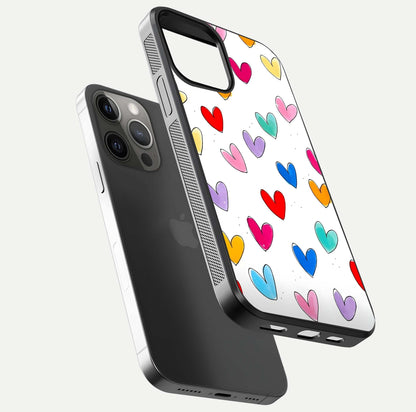 Playful Love Doodles iPhone 12 Pro Max glass phone case floating view emphasizing glossy finish and playful design