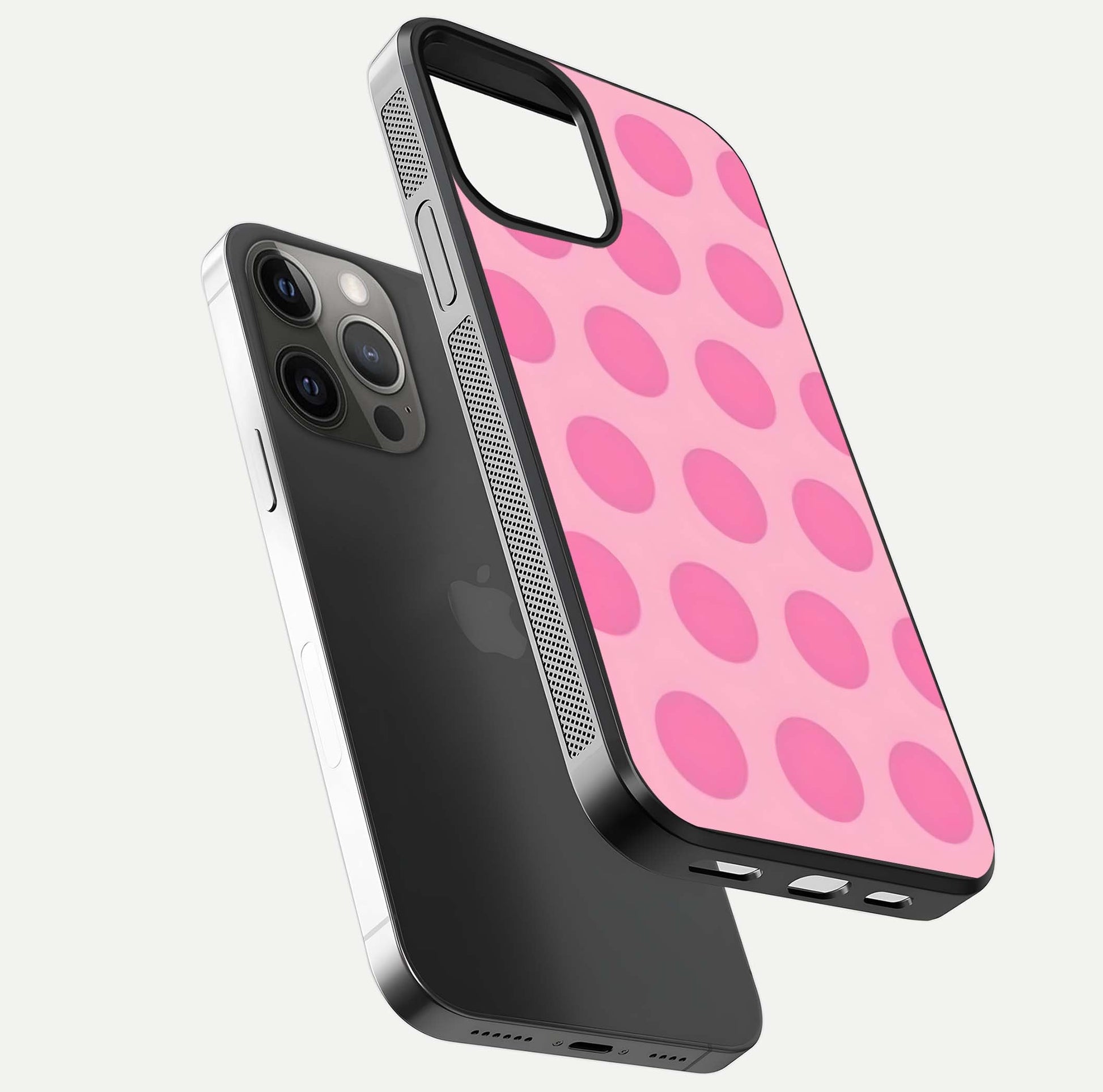 Sweet Dot Dreams iPhone 12 Pro Max glass phone case floating view emphasizing glossy surface and soft playful styling