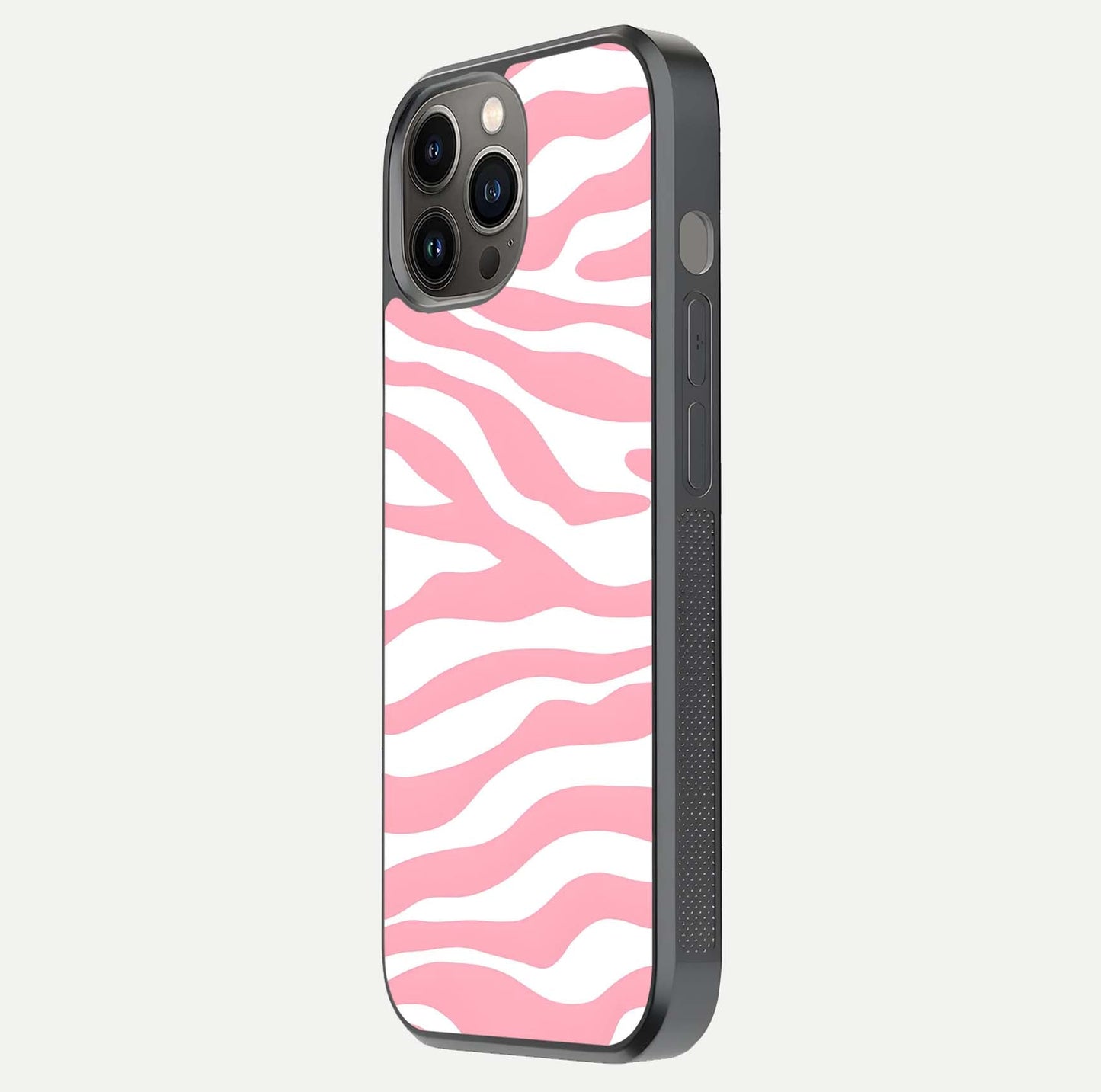Blush Zebra Flow iPhone 12 Pro Max glass phone case side profile view focusing on sleek frame and seamless wrap