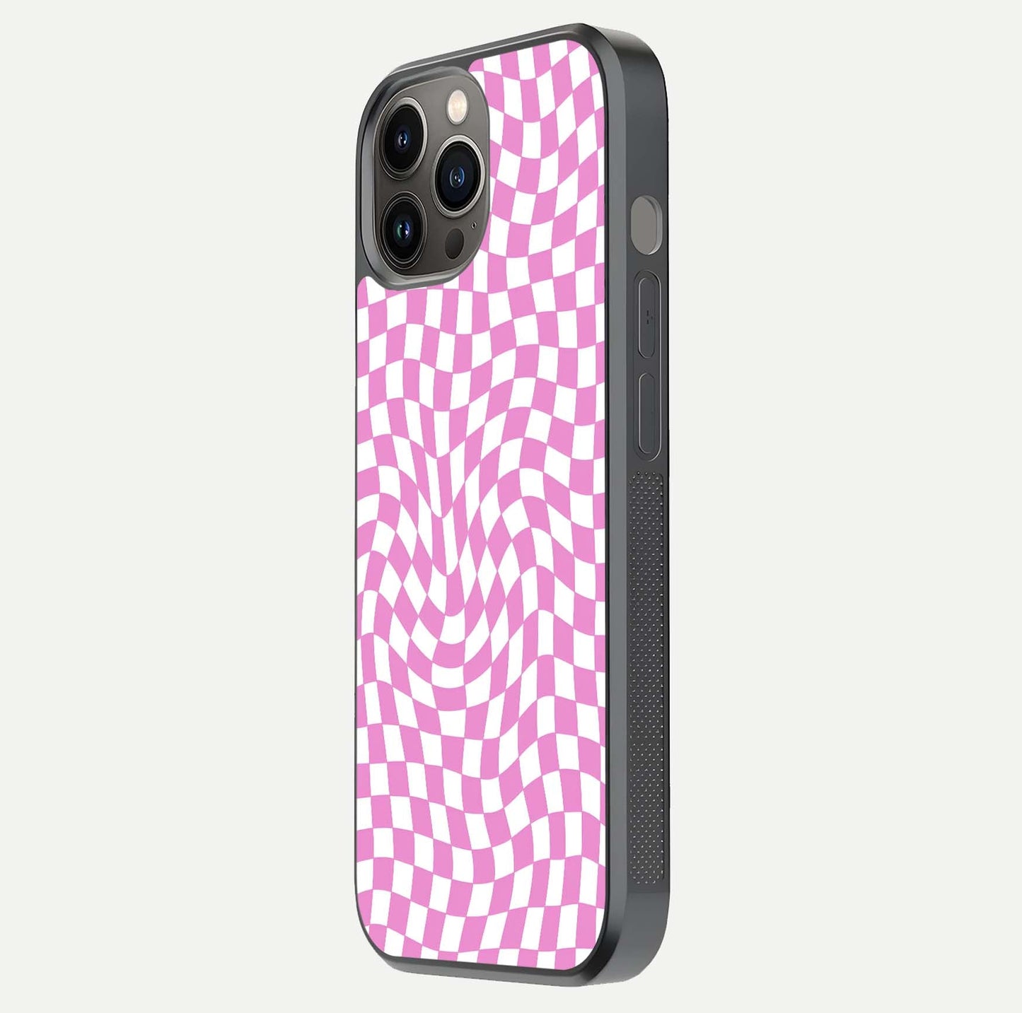 Bubblegum Check Wave iPhone 12 Pro Max glass phone case side profile view focusing on smooth edges and seamless wrap