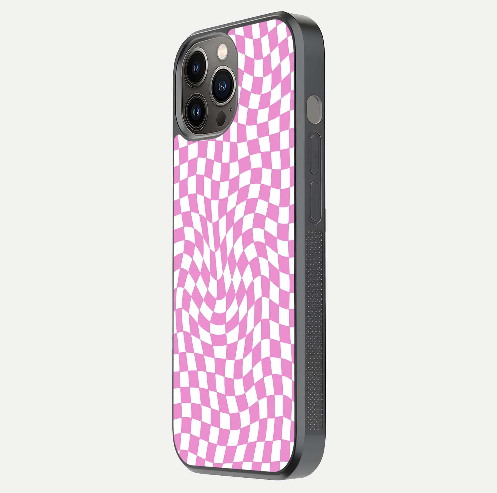 Bubblegum Check Wave iPhone 12 Pro Max glass phone case side profile view focusing on smooth edges and seamless wrap