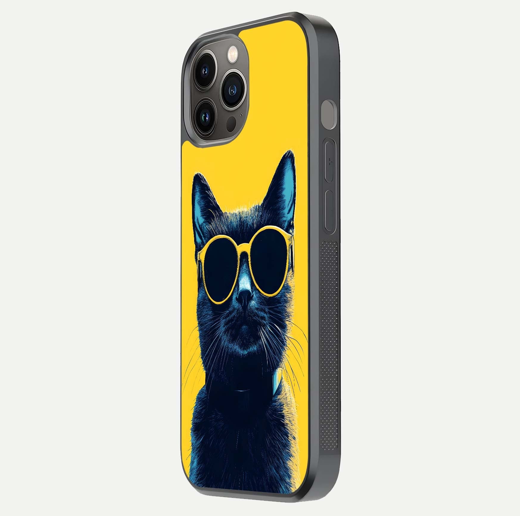 Cool Cat Vibes iPhone 12 Pro Max glass phone case side profile view focusing on sleek edges and seamless wrap