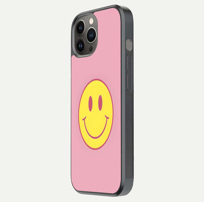 Happy Pink Mood iPhone 12 Pro Max glass phone case side profile view focusing on smooth frame and clean wrap