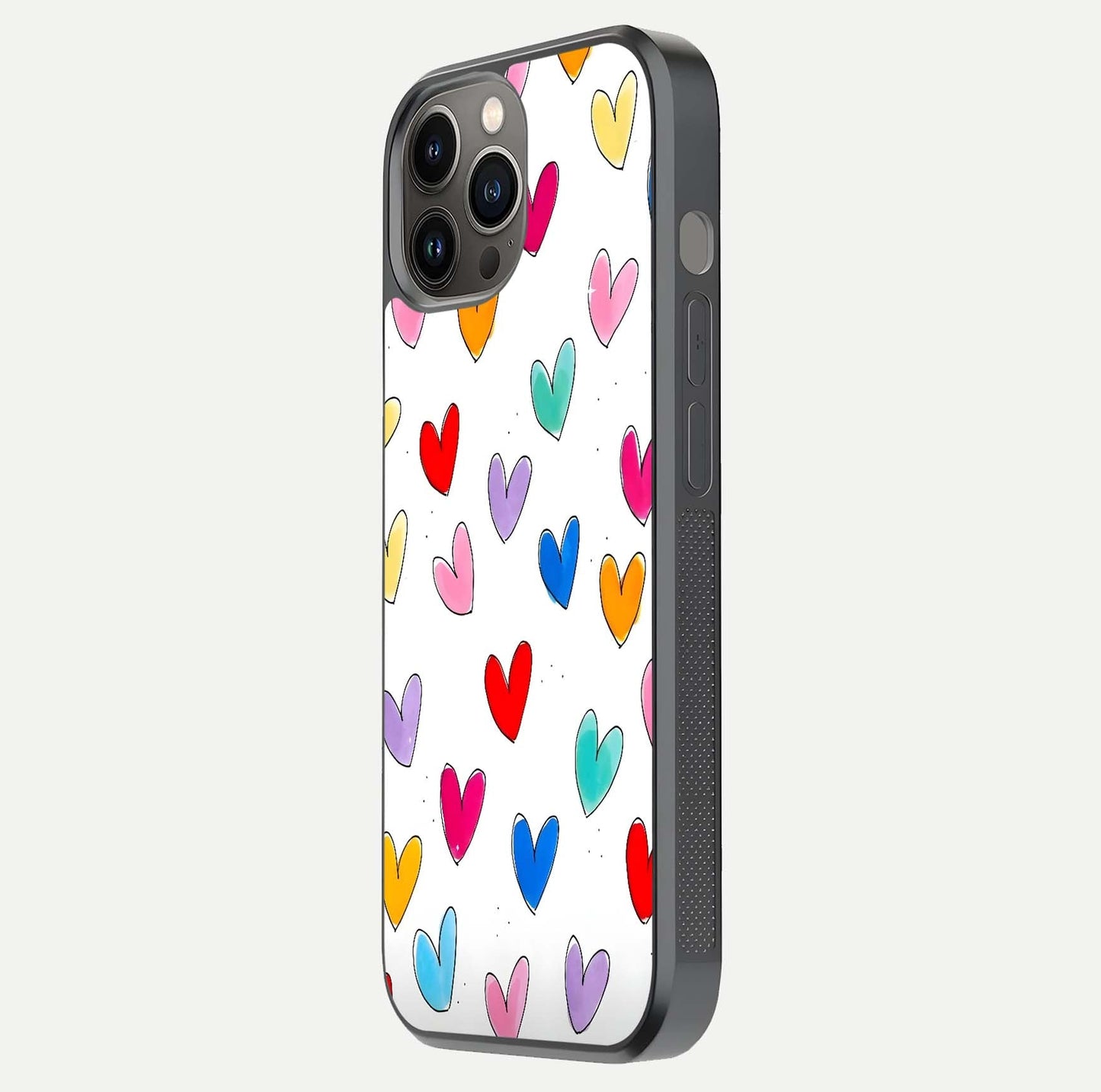 Playful Love Doodles iPhone 12 Pro Max glass phone case side profile view focusing on smooth frame and seamless wrap