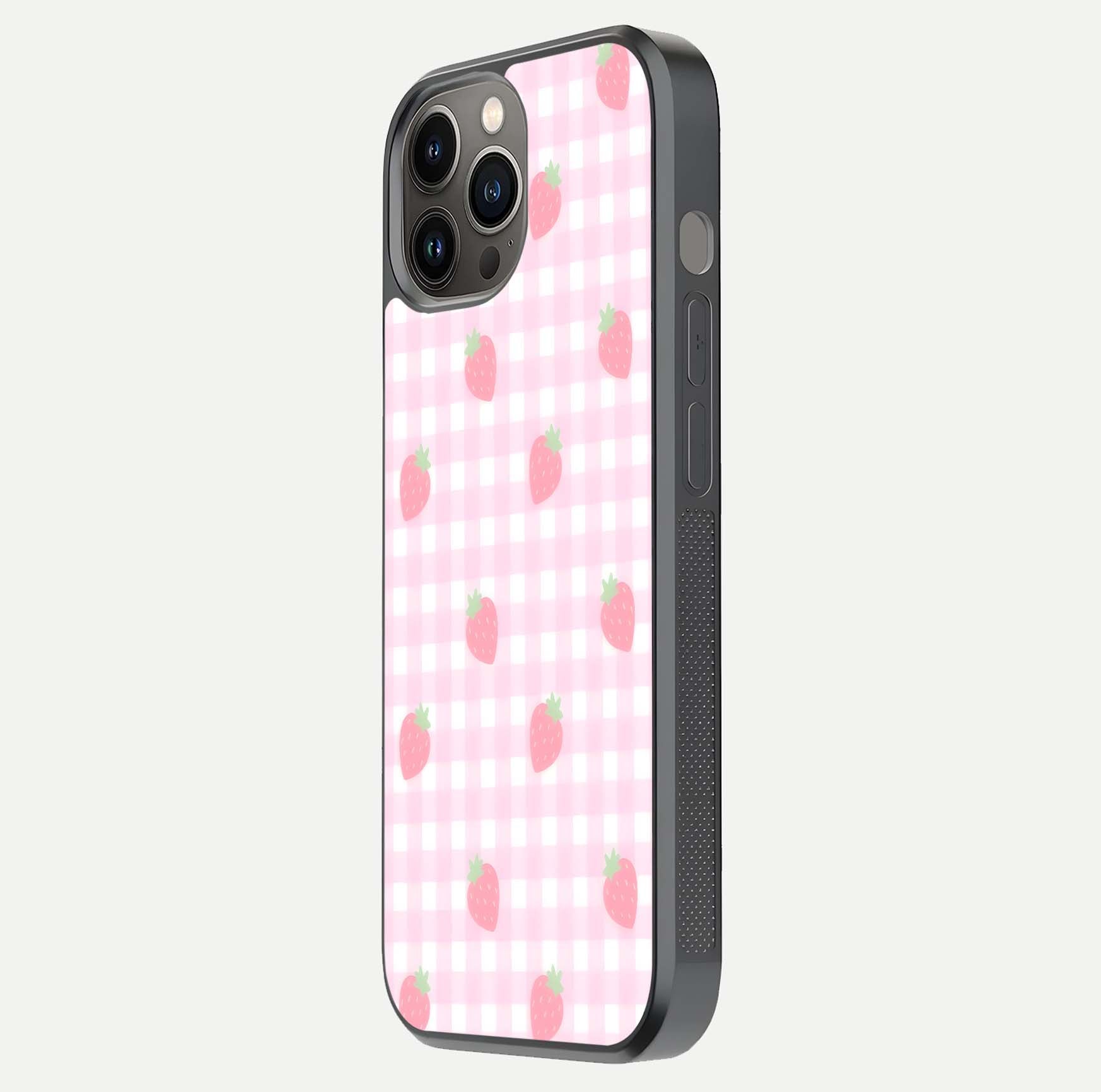 Strawberry Picnic Love iPhone 12 Pro Max glass phone case side profile view focusing on smooth frame and seamless wrap