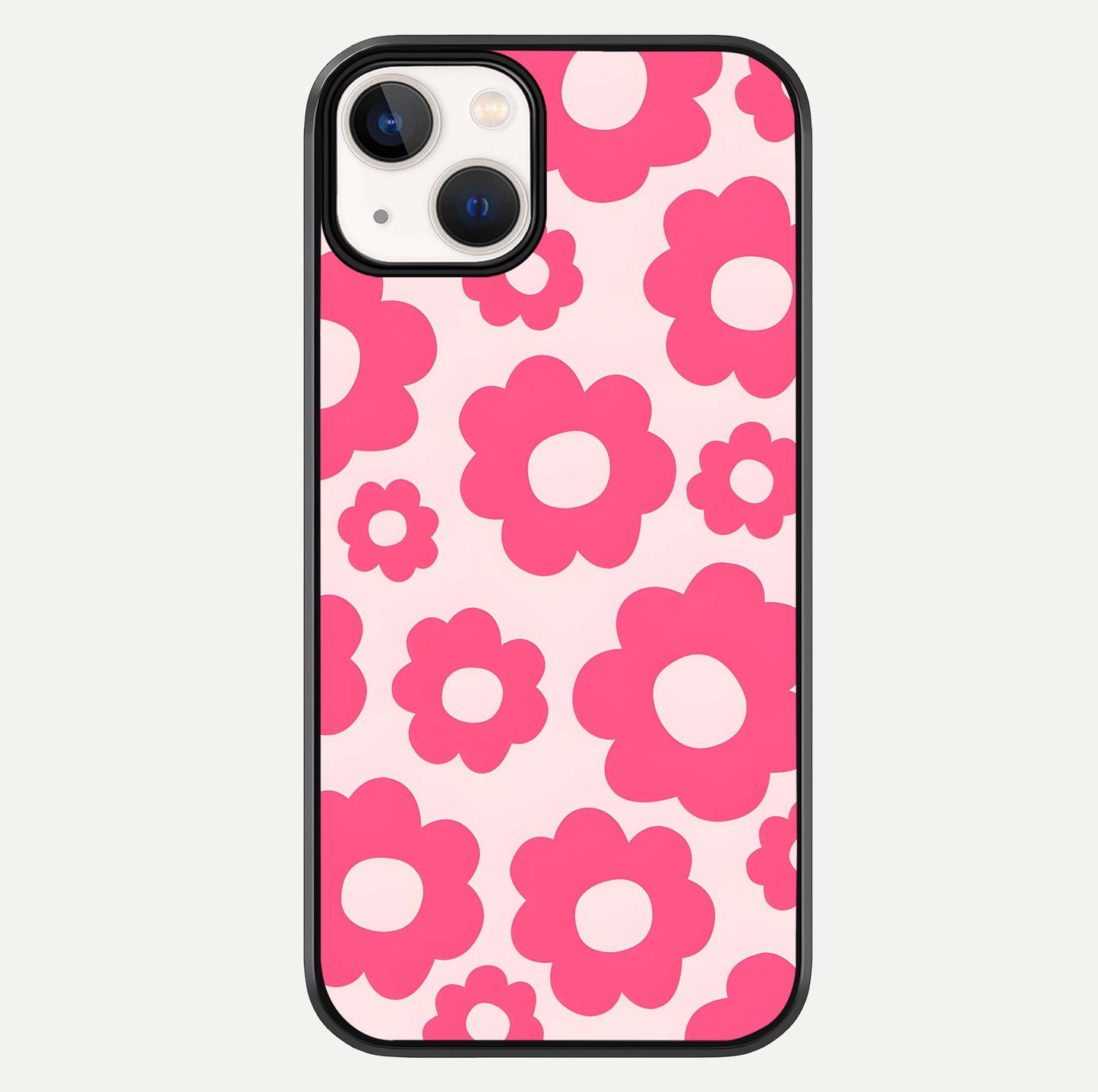 Blush Flower Pop iPhone 13 glass phone case front view featuring playful blush floral artwork with glossy finish