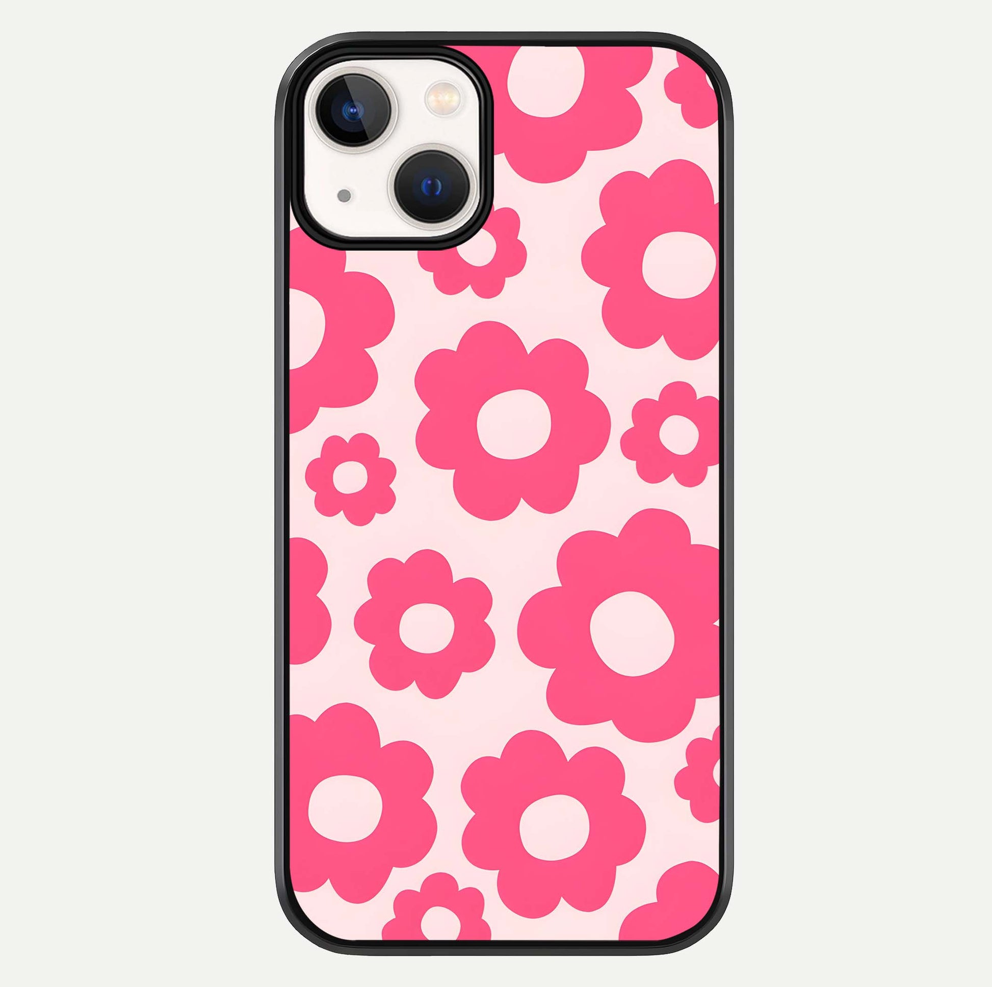 Blush Flower Pop iPhone 13 glass phone case front view featuring playful blush floral artwork with glossy finish