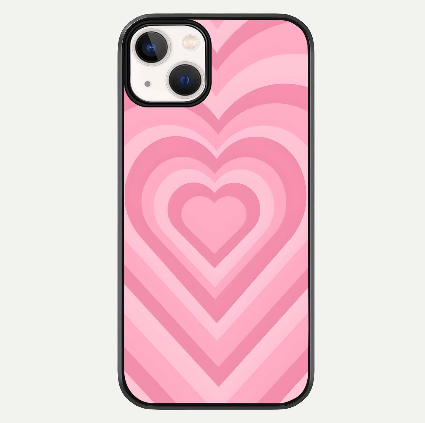 Blush Heart Waves iPhone 13 glass phone case front view showcasing flowing heart wave patterns in soft blush tones