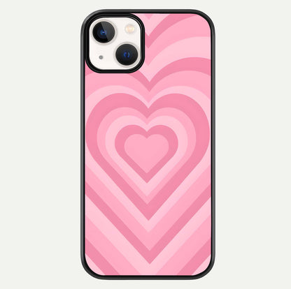 Blush Heart Waves iPhone 13 glass phone case front view showcasing flowing heart wave patterns in soft blush tones