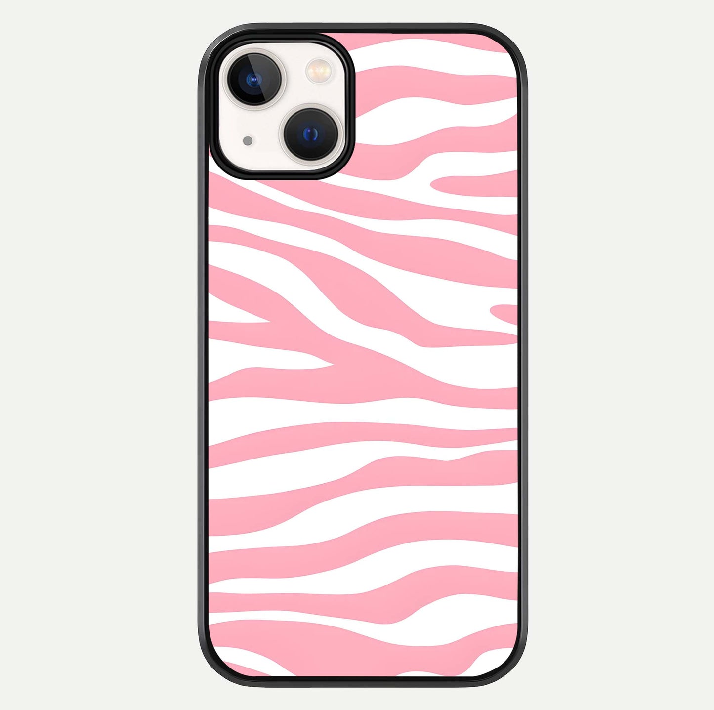 Blush Zebra Flow iPhone 13 glass phone case front view featuring modern zebra flow pattern in blush tones