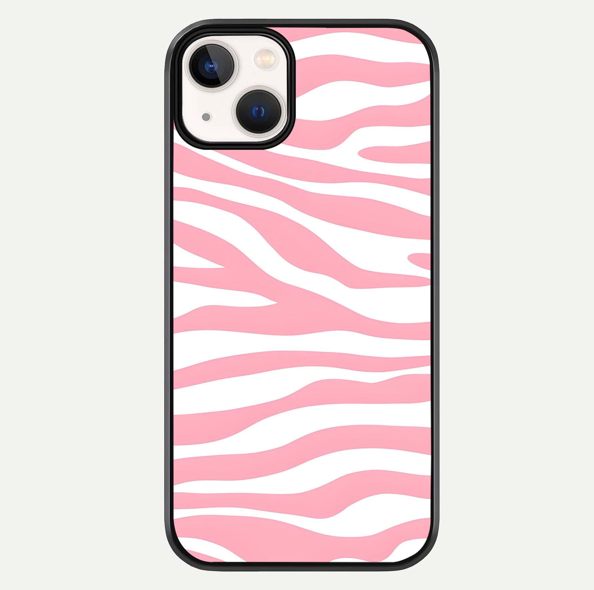 Blush Zebra Flow iPhone 13 glass phone case front view featuring modern zebra flow pattern in blush tones