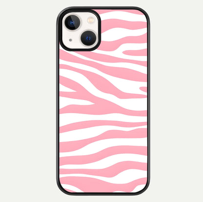 Blush Zebra Flow iPhone 13 glass phone case front view featuring modern zebra flow pattern in blush tones
