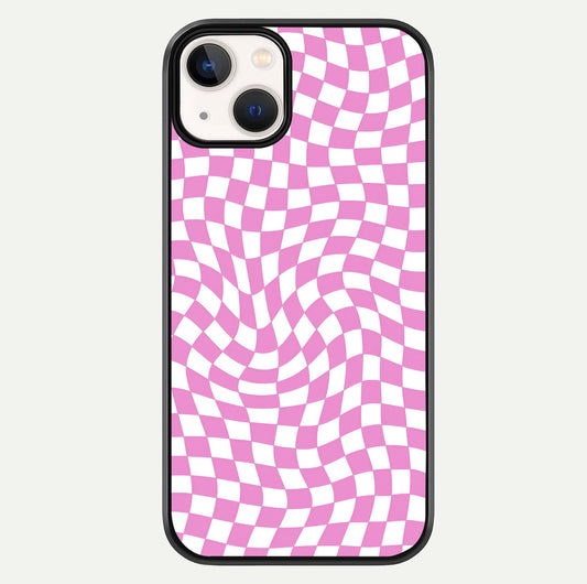 Bubblegum Check Wave iPhone 13 glass phone case front view showcasing playful bubblegum check wave pattern with glossy finish