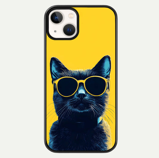Cool Cat Vibes iPhone 13 glass phone case front view featuring playful cat illustration with cool aesthetic tones