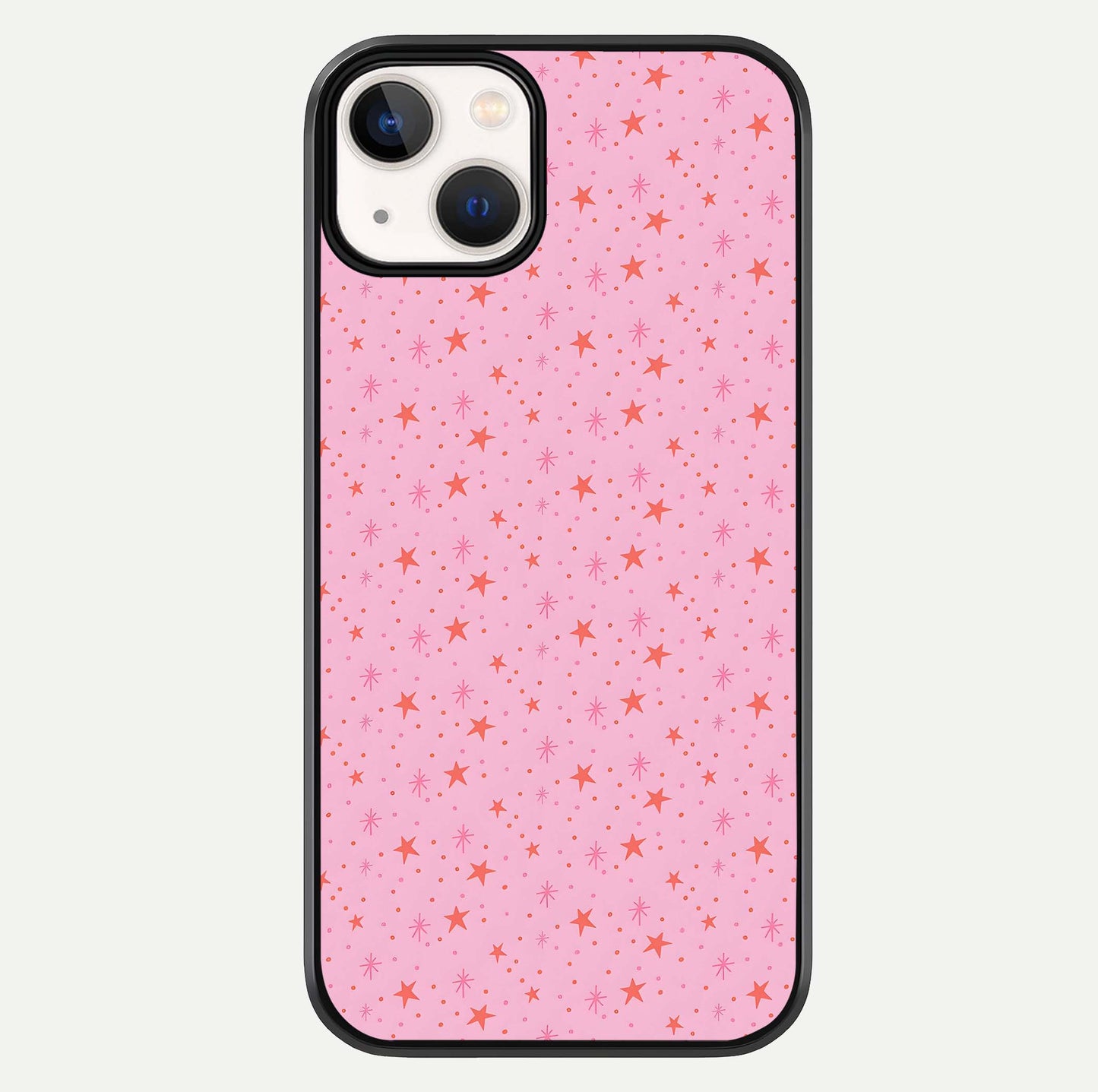 Cosmic Pink Sparkle iPhone 13 glass phone case front view showcasing shimmering pink cosmic artwork with glossy finish