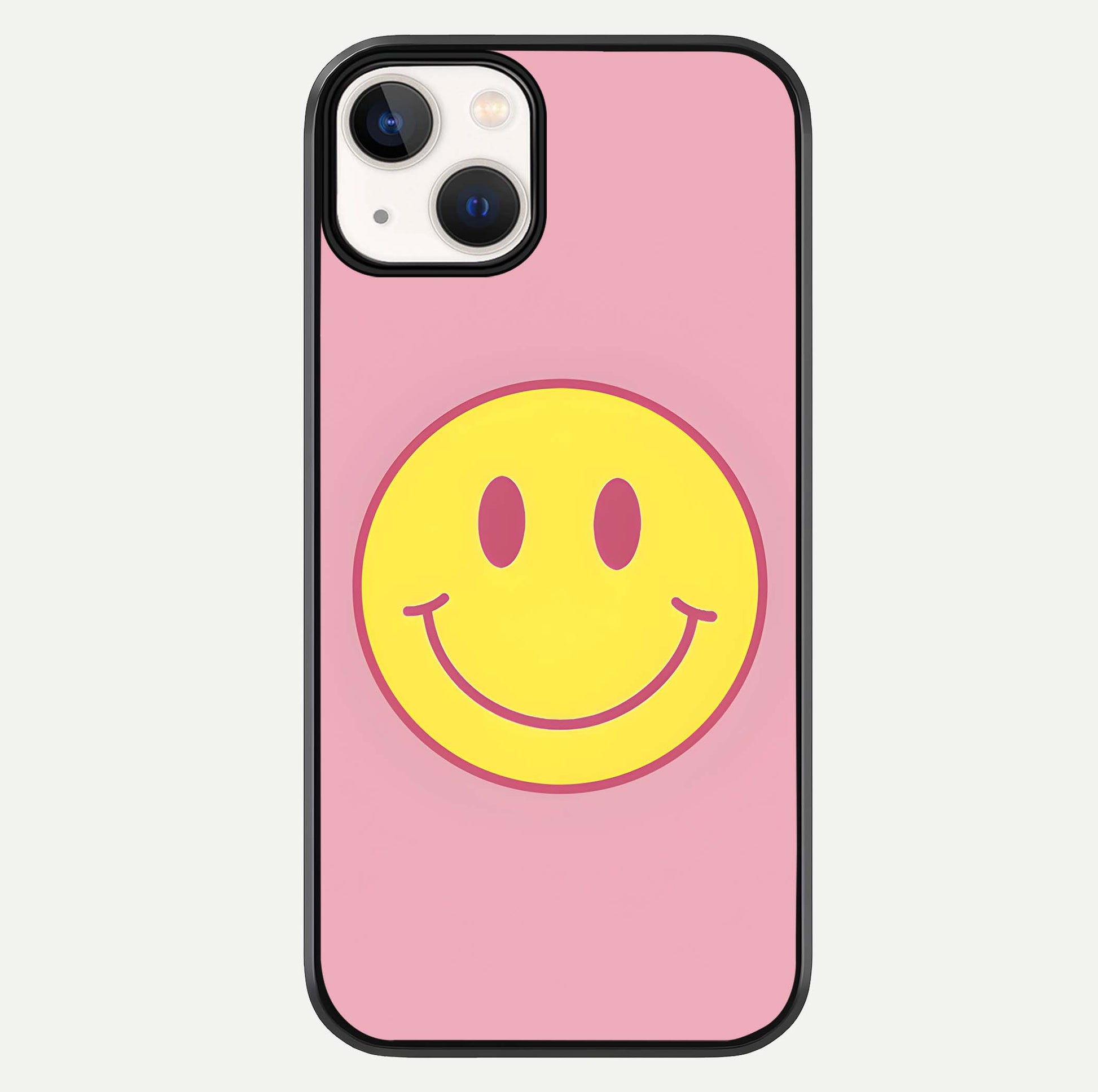 Happy Pink Mood iPhone 13 glass phone case front view featuring cheerful pink tones and playful aesthetic design