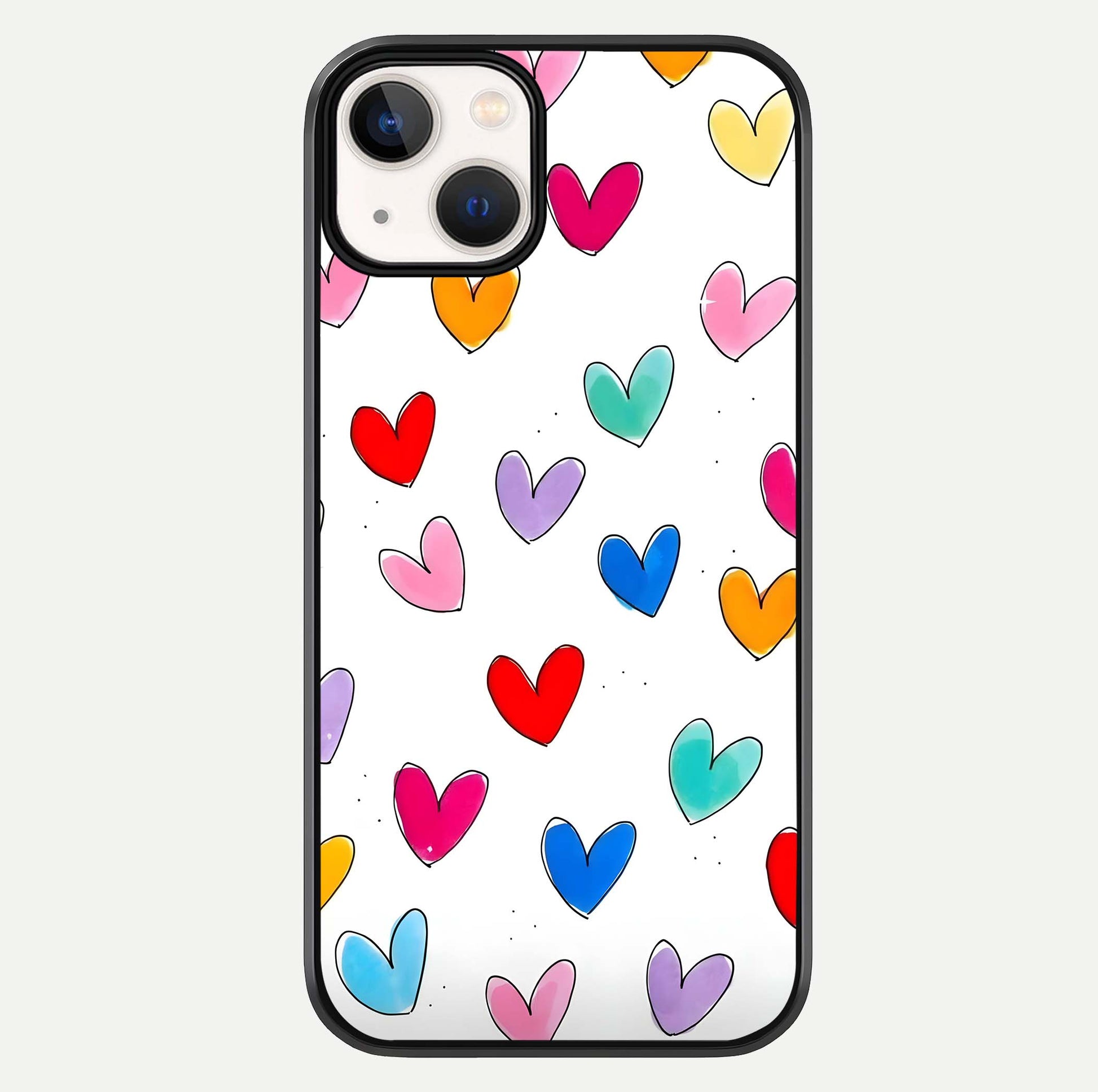 Playful Love Doodles iPhone 13 glass phone case front view featuring cute love doodle illustrations with fun vibe