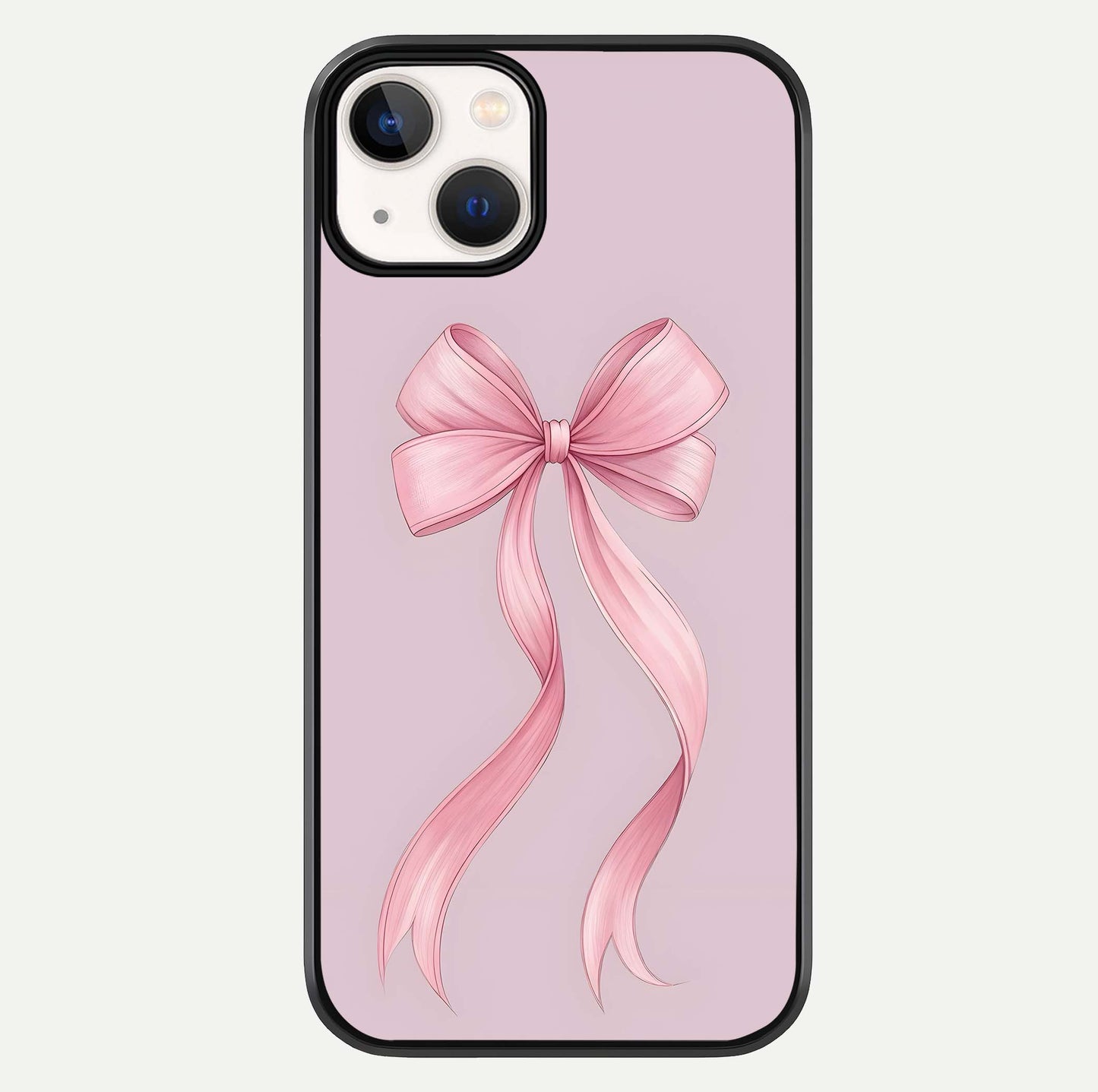 Soft Blush Bow iPhone 13 glass phone case front view showcasing soft blush tones with elegant bow design