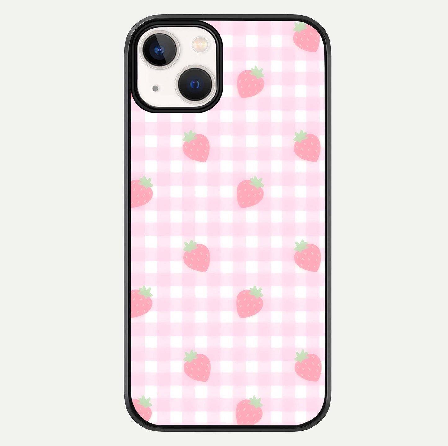 Strawberry Picnic Love iPhone 13 glass phone case front view featuring cute strawberry picnic artwork with romantic vibe