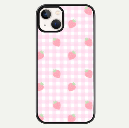 Strawberry Picnic Love iPhone 13 glass phone case front view featuring cute strawberry picnic artwork with romantic vibe