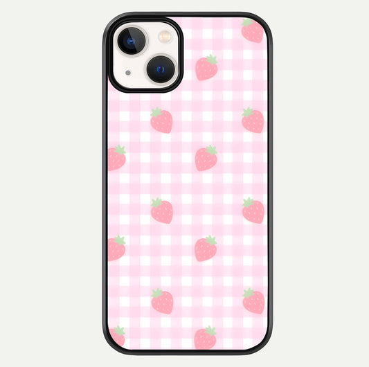 Strawberry Picnic Love iPhone 13 glass phone case front view featuring cute strawberry picnic artwork with romantic vibe