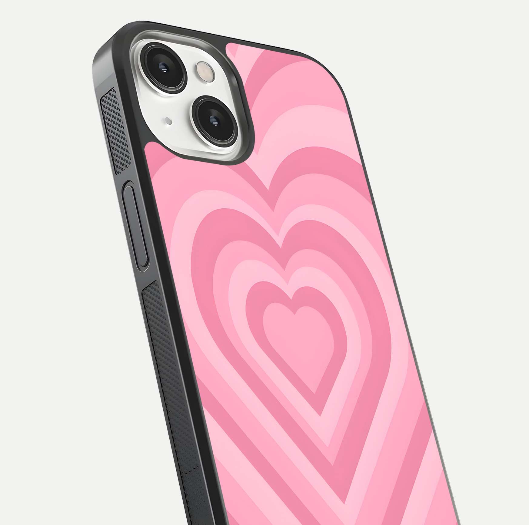 Blush Heart Waves iPhone 13 glass phone case angled back view highlighting romantic heart wave artwork and grip texture