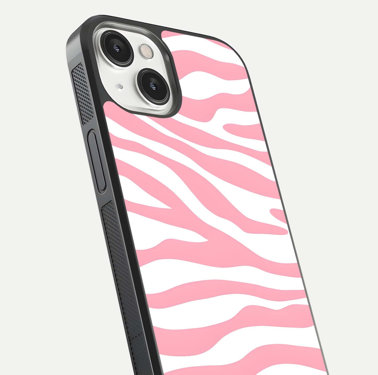 Blush Zebra Flow iPhone 13 glass phone case angled back view highlighting bold zebra artwork and textured side grip