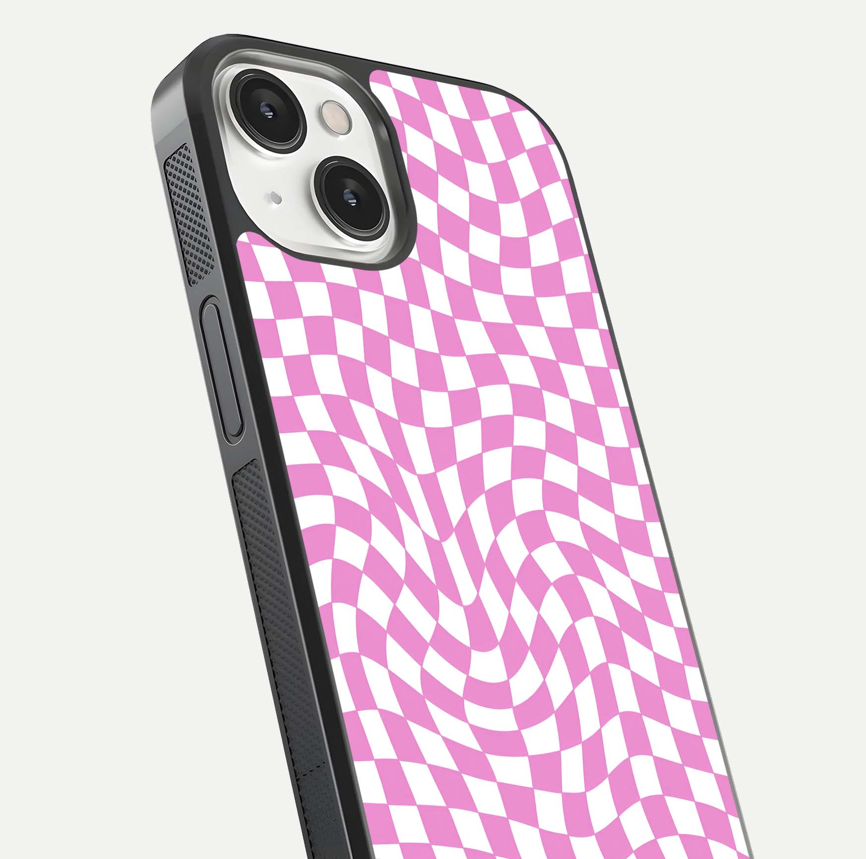 Bubblegum Check Wave iPhone 13 glass phone case angled back view highlighting check wave artwork and side grip texture