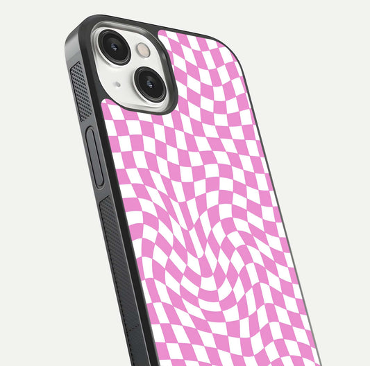 Bubblegum Check Wave iPhone 13 glass phone case angled back view highlighting check wave artwork and side grip texture