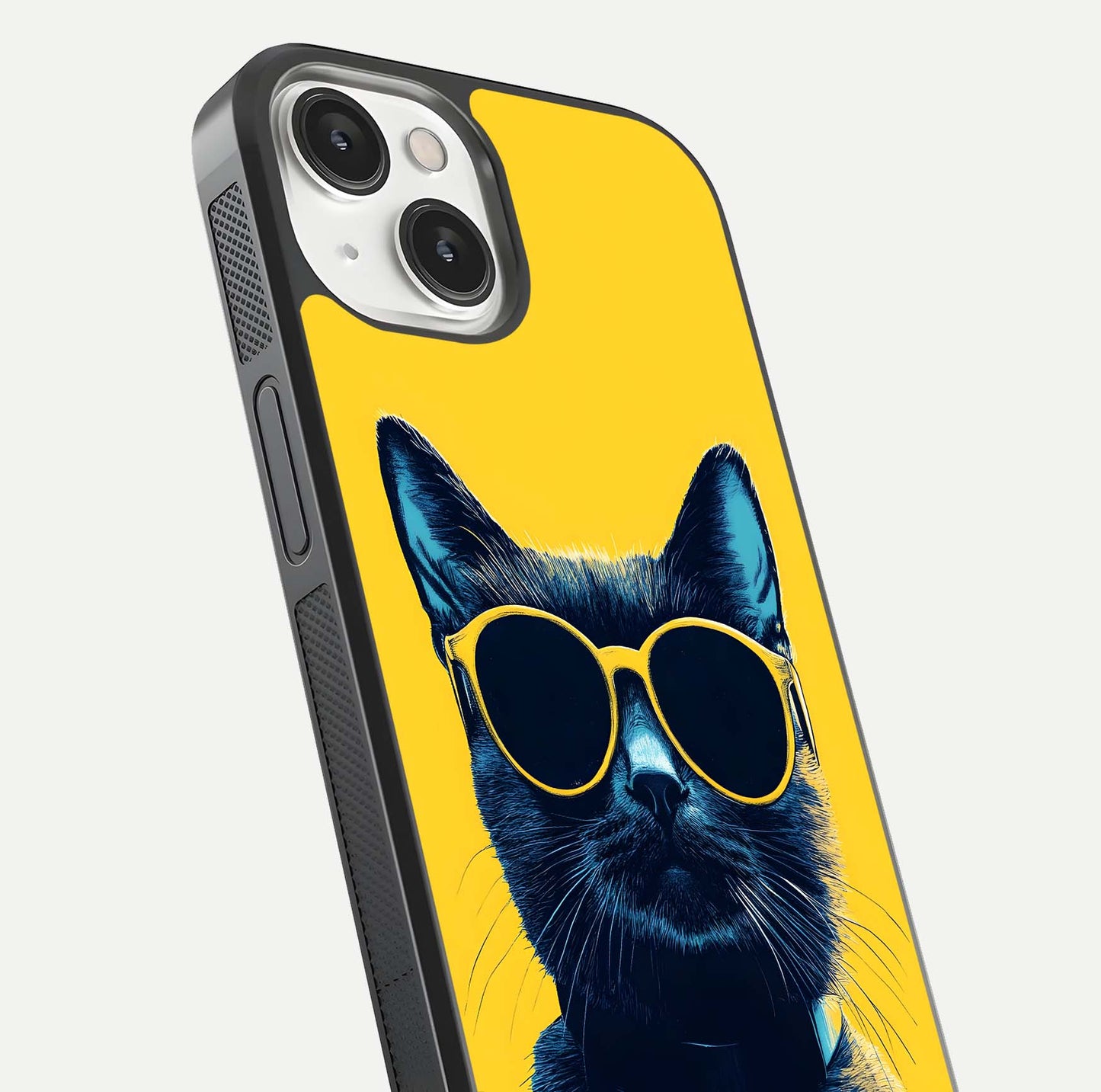 Cool Cat Vibes iPhone 13 glass phone case angled back view highlighting cat artwork and textured side grip