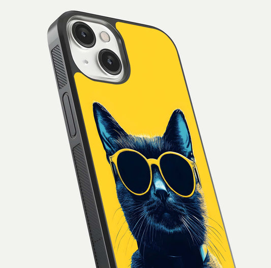 Cool Cat Vibes iPhone 13 glass phone case angled back view highlighting cat artwork and textured side grip