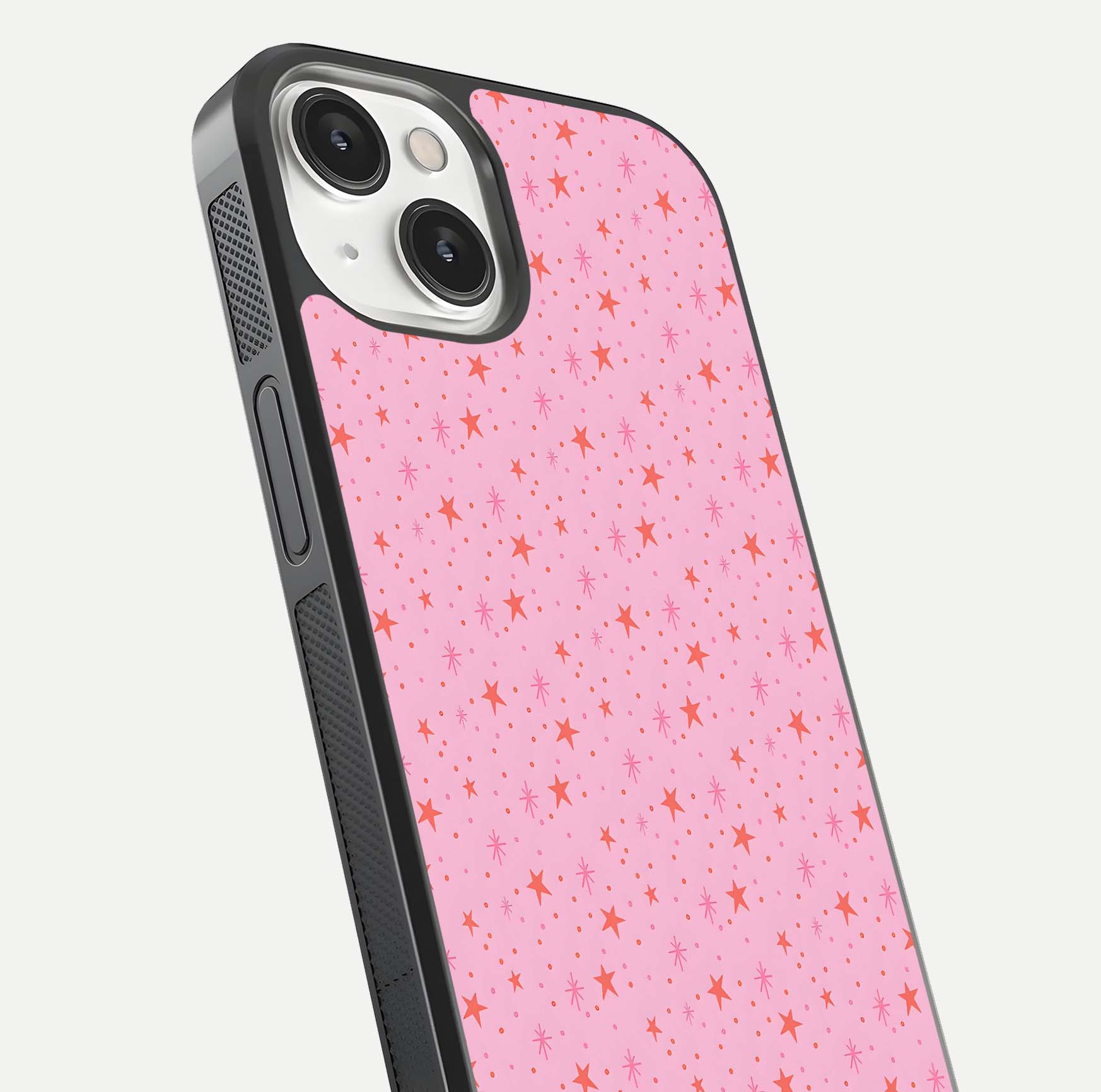 Cosmic Pink Sparkle iPhone 13 glass phone case angled back view highlighting sparkling galaxy design and textured side grip