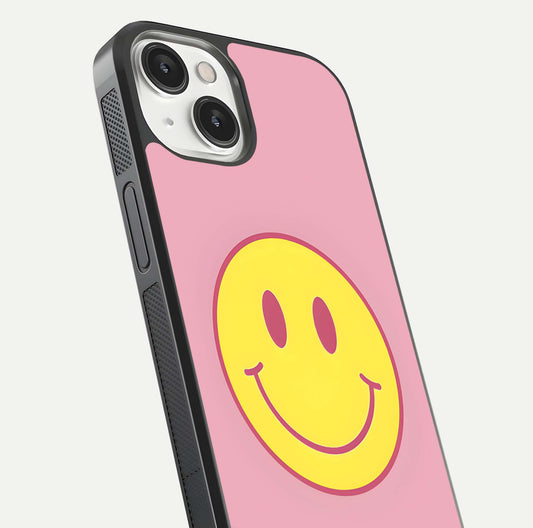 Happy Pink Mood iPhone 13 glass phone case angled back view highlighting bright pink artwork and side grip texture
