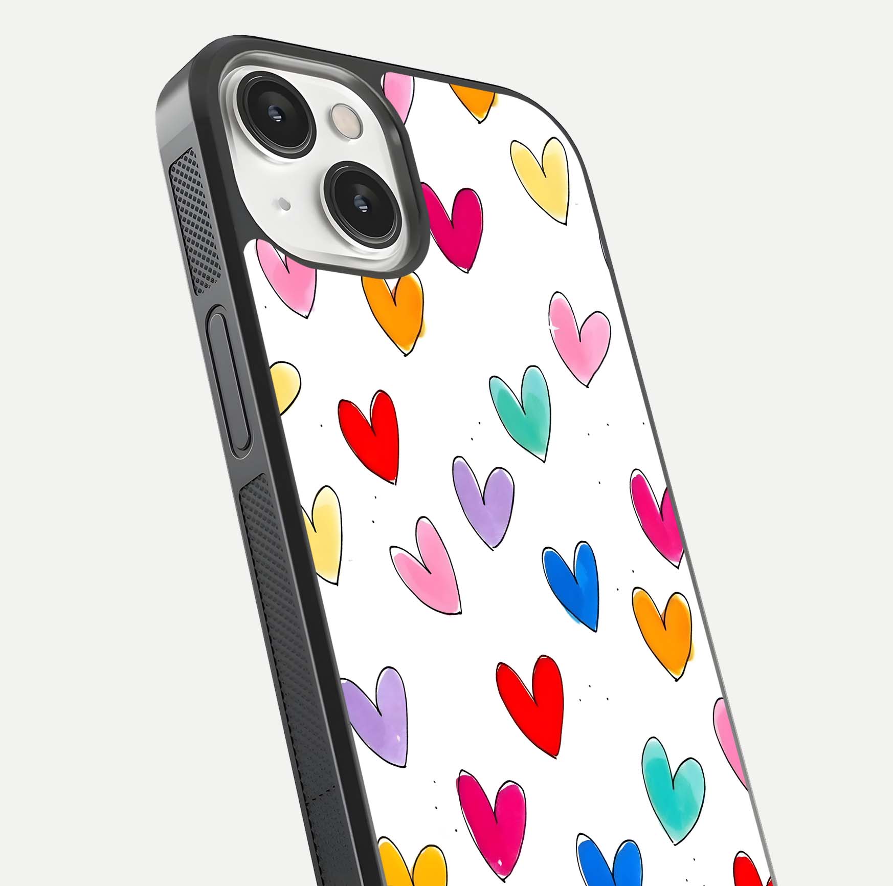 Playful Love Doodles iPhone 13 glass phone case angled back view highlighting doodle artwork and textured grip edges